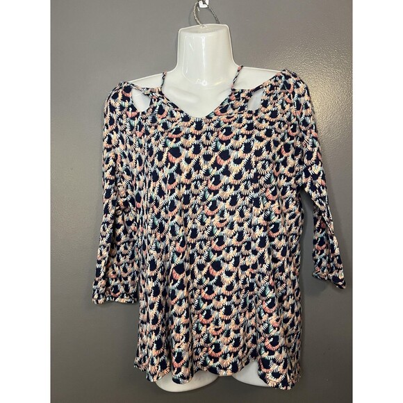 Lucky Brand Tops - Lucky Brand Shirt Womens Medium Navy Floral Cutout Neck 3/4 Sleeve Boho